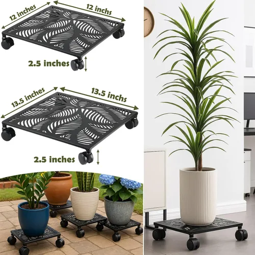 Miniatura 2 de Paquete de 1 carrito cuadrado de metal de 12 pulgadas con ruedas, soporte grande para plantas rodantes para interiores y exteriores, carrito