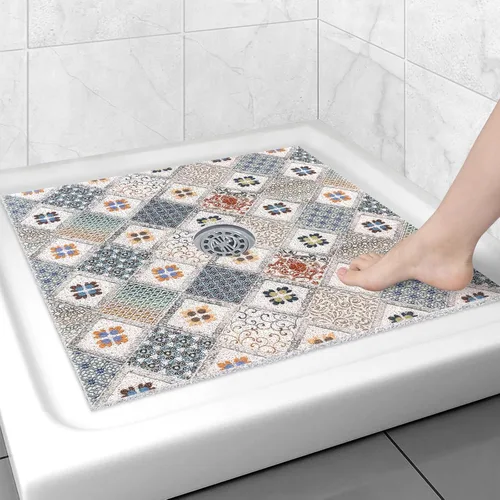 Miniatura 13 de Alfombrilla de ducha cuadrada antideslizante: 24 x 24 pulgadas para ducha interior con orificio de drenaje en el medio, tapete de ducha de masaje