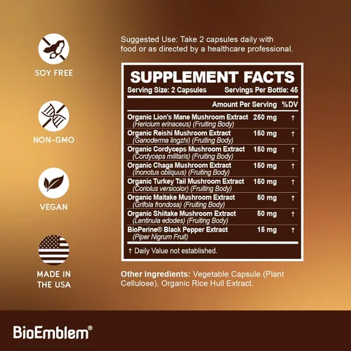 Miniatura 5 de BioEmblem Complejo de hongos - Fuerza 10:1 y 7 especies - Melena de león, Reishi, Cordyceps, Chaga, Maitake, suplemento de hongos shiitake