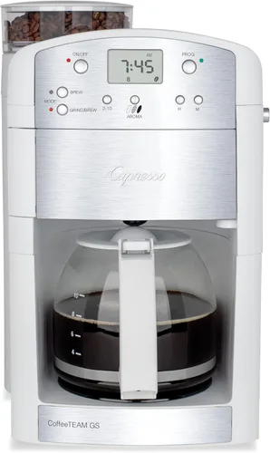 Capresso CoffeeTEAM GS - Cafetera de 10 tazas con molinillo de rebabas cónicas, jarra de vidrio 464.02, color blanco