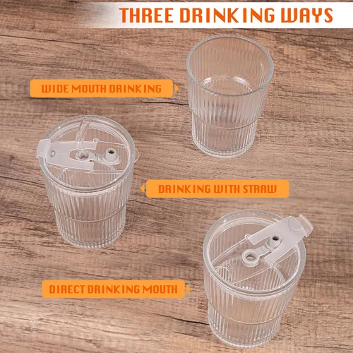 Miniatura 6 de Vaso de vidrio de 13 oz/13.5 fl oz con popote y tapa, tazas verticales acanaladas para café helado, vaso de pared gruesa, vaso de agua