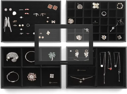 Vlando Bandeja de joyería, caja organizadora de joyas apilable para cajón, aparador de armario, collar, aretes, anillos, pulseras para mujeres y