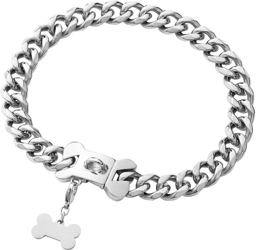 Miniatura 2 de Collar de Perro de Acero Inoxidable con Eslabones Cubanos Plateados de Servicio Pesado para Perros Pequeños, Medianos y Grandes, Collar de Perro