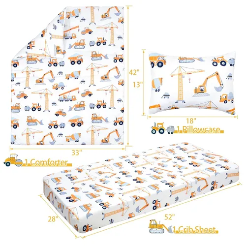 Miniatura 4 de JISEN Juego de ropa de cama de 3 piezas para cuna, juego de ropa de cama suave para cuna, camiones de construcción, juego de edredón para cuna