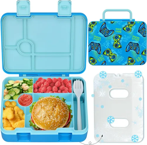 Miniatura 8 de Fiambrera Bento para niños con paquete de hielo, caja Bento a prueba de fugas de 5 compartimentos con utensilios, capacidad de 5.5 tazas