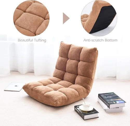 Miniatura 9 de COSTWAY Silla de suelo, sillas de videojuegos con soporte para el respaldo, ajustable de 14 posiciones, marco de acero aleado, forro polar coral