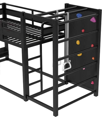 Miniatura 5 de Bellemave Litera de tamaño individual con aro de baloncesto, anillos de dominadas y pared de escalada, litera individual con tobogán y estantería