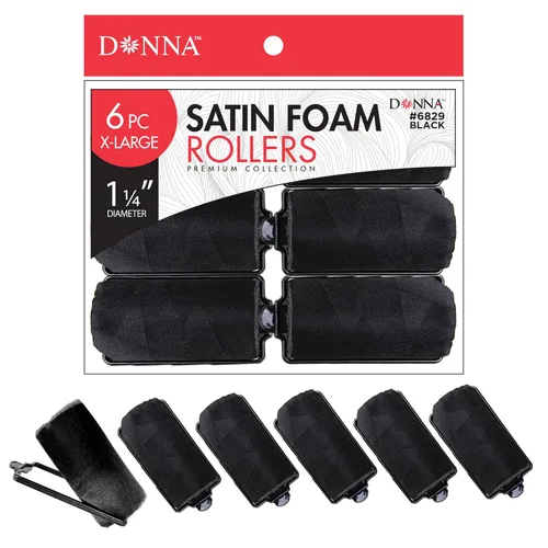 DONNA Rodillos de espuma de satén sedoso de 1.25 pulgadas (D) 6 piezas XL rizadores y clips sin calor para peluquería negro