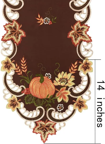 Miniatura 4 de Caminos de mesa bordados marrones de cosecha de Acción de Gracias para decoraciones de otoño u otoño (14 x 34 pulgadas)