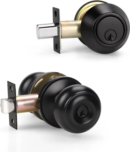 KNOBWELL Juego de perilla de puerta y cerrojo de doble cilindro con llave, juego de cerradura de puerta exterior con cerrojo de seguridad, juego de