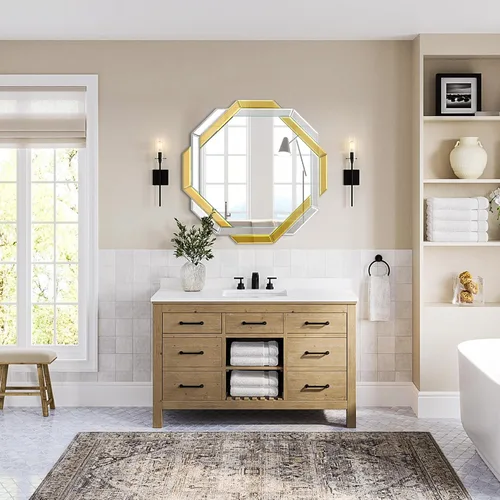 Miniatura 6 de Espejo de baño dorado de 20 x 20 pulgadas, espejo de pared helicoide decorativo, con borde biselado hexagonal sin marco para pared, baño, tocador