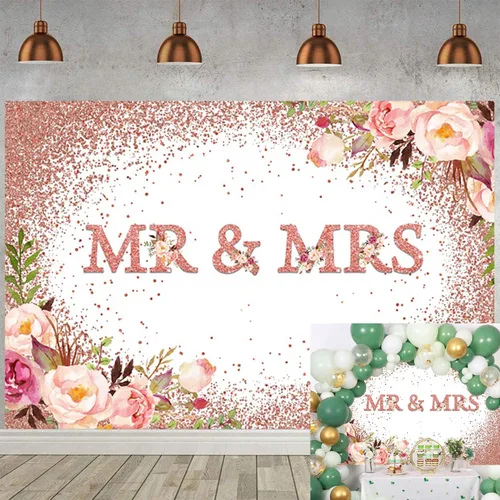 Miniatura 3 de Telón de fondo de boda de 5 x 3 pies con texto en inglés "Mr and Mrs Bridal Shower Fotografía", flores de oro rosa rosa con flores de novia