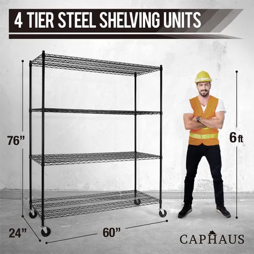 Miniatura 3 de CAPHAUS Estantería de Alambre de Servicio Pesado de Grado Comercial de 4 Niveles con Altura Ajustable, con Ruedas y Pies Niveladores, Estante de Sin