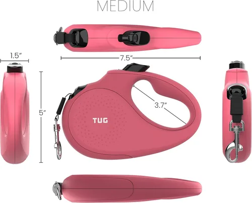 Miniatura 3 de TUG Correa retráctil monocromática de 360° sin enredos para perro, cinta de nailon fuerte de 16 pies (mediano, rosa)