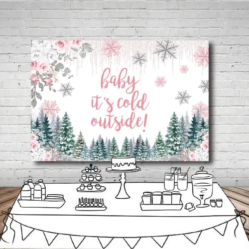 Miniatura 4 de MEHOFOND Telón de fondo de invierno para baby shower de 7 x 5 pies para niñas, Baby It's Cold Outside Rosa Floral Fotografía Fondo Pequeño Copo