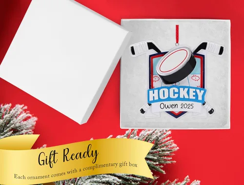 Miniatura 3 de Adorno de Navidad personalizado de hockey sobre hielo 2026 Palos de hockey y disco de decoración de árbol de Navidad para niños y niñas Regalo