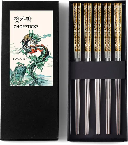 Miniatura 9 de Hagary Palillos de Dragón de Metal Reutilizables Diseñados en Corea Estilo Japonés de Acero Inoxidable 316 18/10 Antideslizantes 2 Pares Aptos