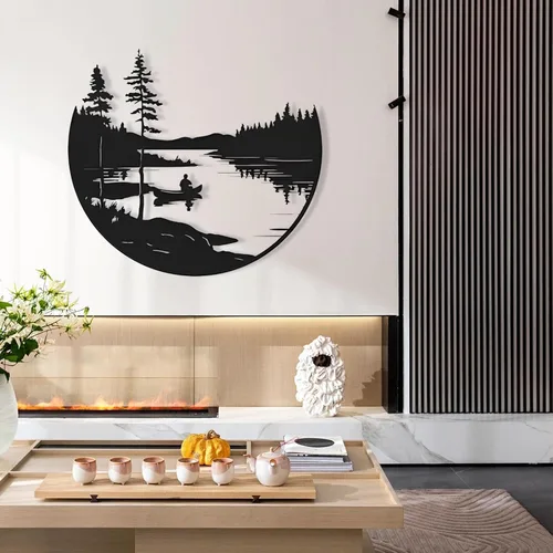 Cadeali Decoración de pared metálica de bosque y lago, arte de pared de metal de árboles, decoración de naturaleza y bosque, decoración de paisaje