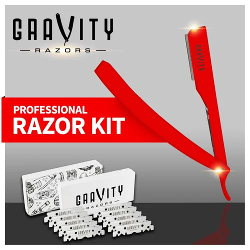 Miniatura 2 de GRAVITY RAZORS Kit profesional de maquinilla de afeitar recta, exposición mínima, incluye 10 cuchillas premium, 0.020 in expuestas, rojo