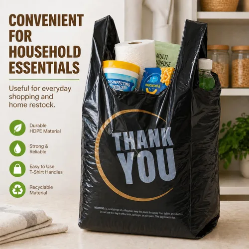 Miniatura 5 de YoYoRain Paquete de 855 bolsas negras para camisetas con asas, 11.5 x 6.25 x 21 pulgadas, bolsas de plástico HDPE duraderas para compras y llevar