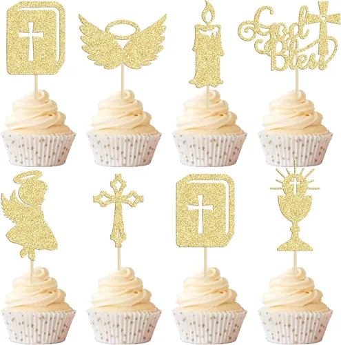 Miniatura 20 de Gyufise Decoración para pastel de primera comunión para bautismo cristiano, decoración religiosa de Dios bendiga Baby Shower para niños, decoración
