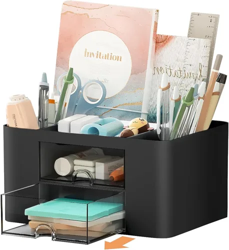 Organizador de escritorio Vimbo de 7 rejillas con cajón – Organizador de mesa multifuncional de plástico y soporte para bolígrafos para la escuela,