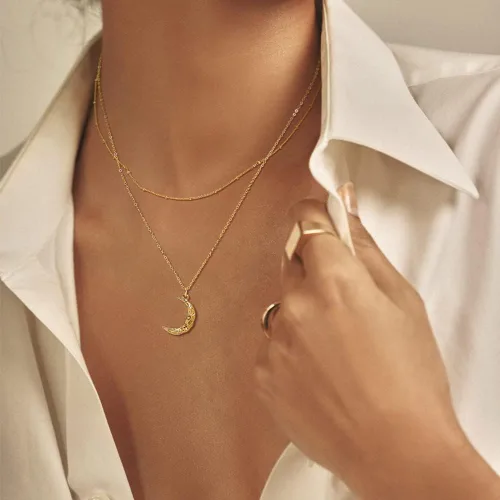 Miniatura 5 de Collar de estrella de luna en capas con circonita cúbica chapada en oro de 14 quilates, delicado dije de luna creciente, collar de disco de moneda