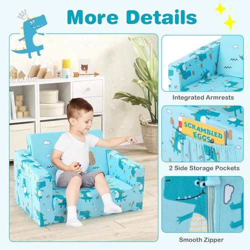 Miniatura 6 de HONEY JOY Sofá para niños pequeños, sofá convertible 2 en 1 con patrón de dinosaurio, silla plegable extra suave para niños y niñas, muebles de sala