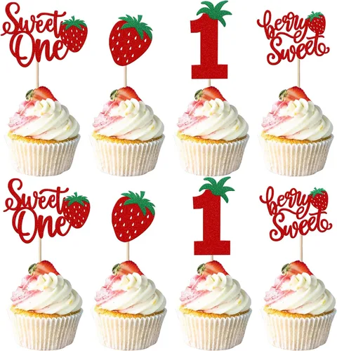 Miniatura 16 de Paquete de 24 adornos para cupcakes Sweet One con purpurina para primer cumpleaños, fresa, cupcakes, para frutas, baby shower, primer cumpleaños