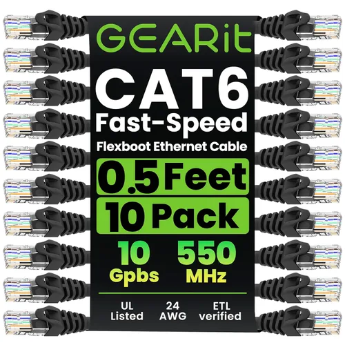 GEARit Cable de conexión Ethernet Cat 6 de 0.5 pies, color negro (paquete de 10), cables de conexión Cat6 de 0.5 pies, cable de conexión