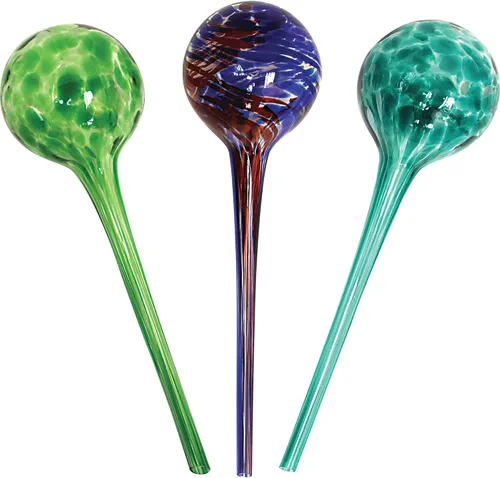 Juego de 3 globos de riego de plantas, para interiores y exteriores, coloridos vidrios soplados a mano multicolor para uso diario