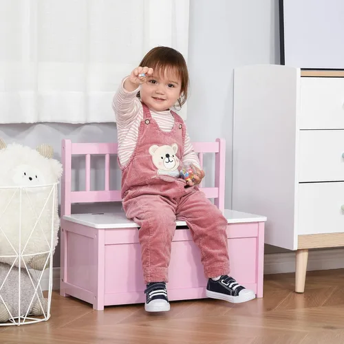 Miniatura 4 de Qaba Caja de juguetes, banco de almacenamiento para niños con interior grande de 27 L, organizador de juguetes con tapa superior y respaldo, muebles