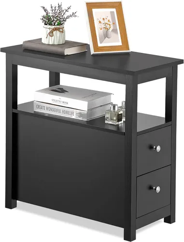 Miniatura 9 de Mesa auxiliar de 3 niveles con 2 cajones y estante de almacenamiento abierto, mesa de madera estrecha, mesita de noche, sofá para el hogar, oficina