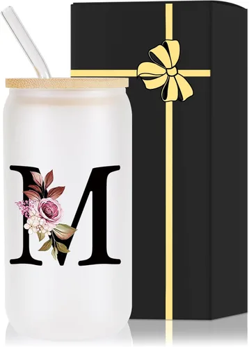 Miniatura 24 de Vaso de vidrio con monograma con tapa de bambú, popote personalizado, vaso de café helado de 16 onzas, tarro transparente de masón, cerveza, agua