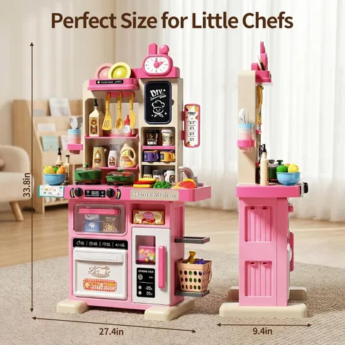 Miniatura 2 de Juego de cocina para niños de 33.8 pulgadas con sonido y luz, estufa de cocina con vapor, fregadero de juegos y accesorios de cocina de juguete, Rosa