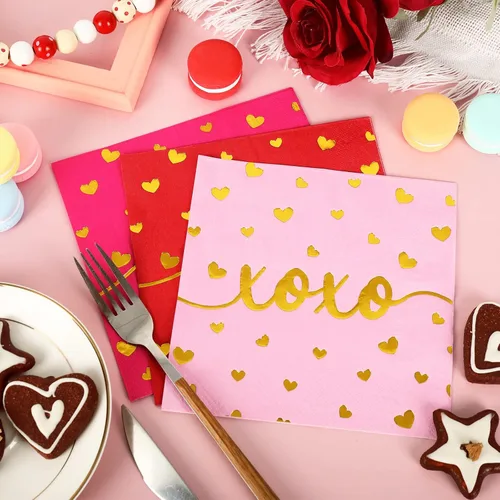 Miniatura 3 de Whaline Paquete de 75 servilletas para el día de San Valentín de 6.5 x 6.5 pulgadas, color rojo, rosa, dorado, servilletas de cena Love XOXO Kisses