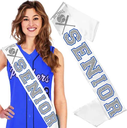 Miniatura 9 de RhinestoneSash Senior Sash Blue - Royal and Silver Sparkle White PREMIUM GRADE SATIN Sahes - High School Team Sports
