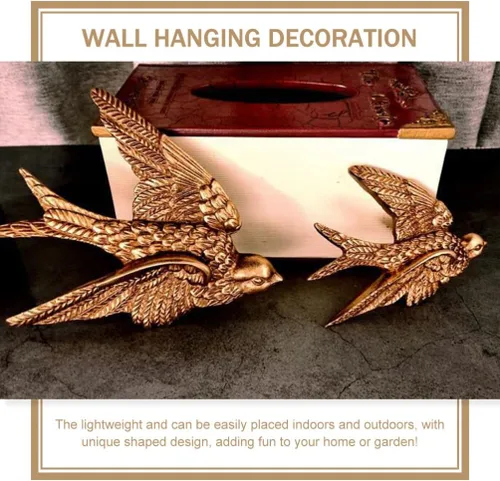 Miniatura 8 de YARDWE Figura de gorriones dorados para colgar en la pared, figuras de pájaros, esculturas de pared de resina de jardín, colgante, decoración