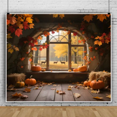 Miniatura 10 de Fondo de fotos de ventana de otoño de 7 x 5 pies, paisaje de bosque de otoño, hojas de arce, cosecha de calabaza, fondo de fotografía, tema