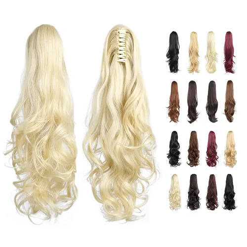 Miniatura 33 de Extensiones de cola de caballo, extensiones de cabello rizado con clip de garra de color marrón oscuro para mujer, peluca sintética de cola