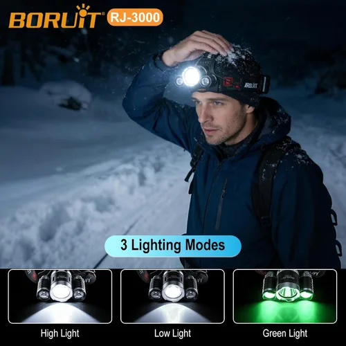 Miniatura 2 de BORUIT Linterna frontal LED recargable RJ-3000 súper brillante con luz verde, 3 modos de lámpara de cabeza USB súper brillante IPX4 faro impermeable