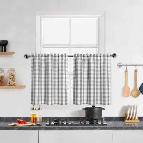 Miniatura 24 de Cortinas de Cocina Estilo Granja de Cuadros Vichy Blanco y Negro de 24 Pulgadas de Largo, Cortinas de Café de Media Ventana de Cuadros Buffalo