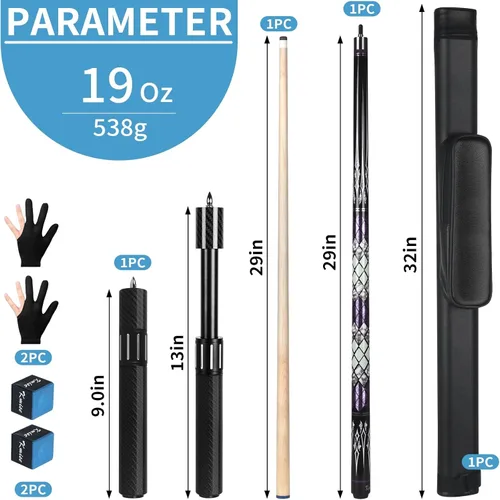 Miniatura 7 de Kmise Professional Pool Cue Stick, 18 19 20oz Canadian Maple Cue Sticks, Low Deflection Shaft with Telescopic Carbon Fiber Extension Cue-Grid Púrpura