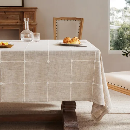 Miniatura 26 de ZeeMart - Mantel de mesa con diseño de cuadrícula boho y borlas (blanco roto, 132 cm x 132 cm), mantel de gran peso de lino a cuadros bordado