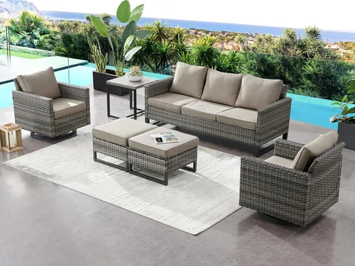 Miniatura 53 de HUMMUH Juego de 2 sillas giratorias para patio, mimbre de polietileno, para exteriores, bistró, porche, balcón, muebles con cojines Gris/gris
