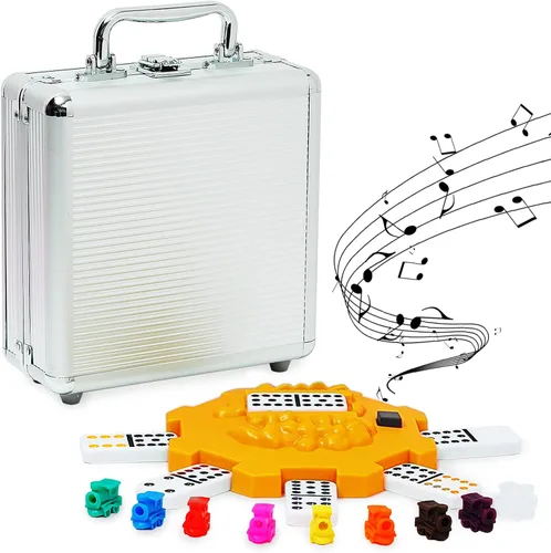 Miniatura 10 de Yinlo Juego de dominó de tren mexicano con efecto de sonido, juego de dominó para viajes, 91 azulejos dobles de 12 colores juego de viaje con caja