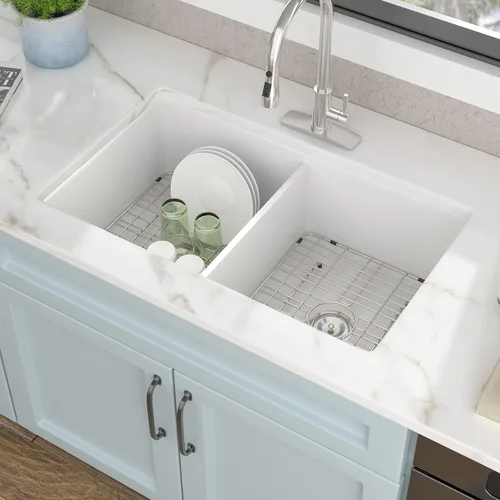 Miniatura 3 de Fregadero de cocina blanco de 32 x 19 pulgadas, cuenco doble de arcilla refractaria de porcelana de cerámica blanca, doble montaje 50/50, montaje