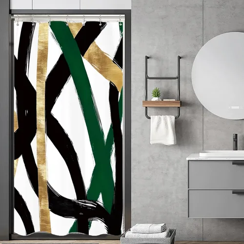 Cortina de ducha abstracta verde salvia negro 36 pulgadas de ancho x 72 pulgadas de largo, media línea pequeña, minimalista, contemporáneo, arte