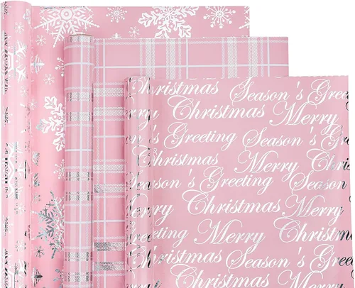 WRAPAHOLIC Rollo de papel de regalo de Navidad, mini rollo, 3 rollos, 17 x 120 pulgadas por rollo, rosa con copos de nieve metálicos plateados, a