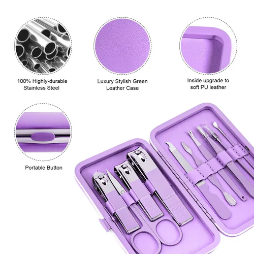 Miniatura 6 de Juego de manicura, mini cortaúñas de viaje, herramientas de cuidado de pedicura, 10 piezas de acero inoxidable (violeta)